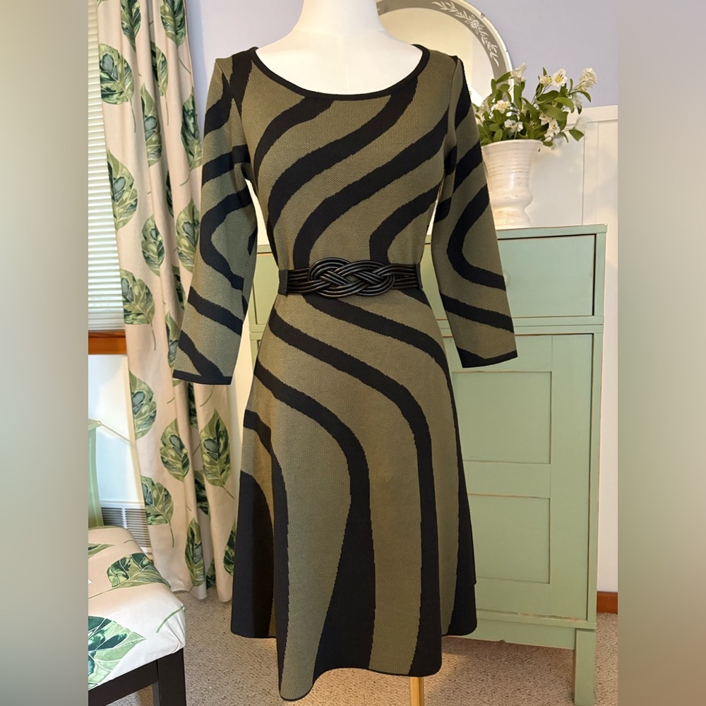 Nina Leonard Olive Green and Black Long Sleeve A-Line Dress